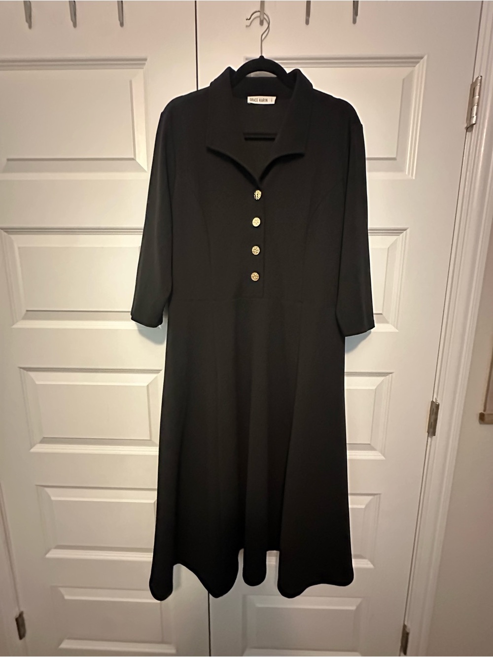 Grace Karin Black Midi Dress with Gold Buttons